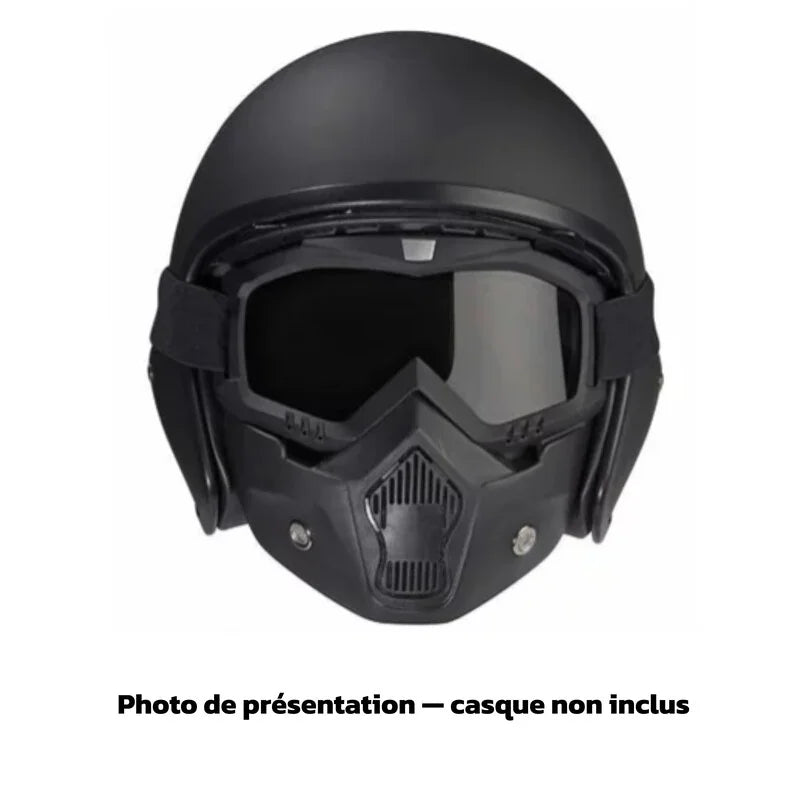 Photo de présentation du masque porté avec un casque moto (non inclus)