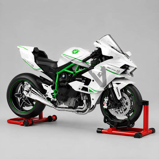 Miniature moto style Ninja H2R échelle 1:9 — coloris blanc, cadre vert, stands rouges