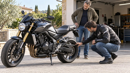 Acheteur contrôlant la chaîne et le pneu d’une moto d’occasion