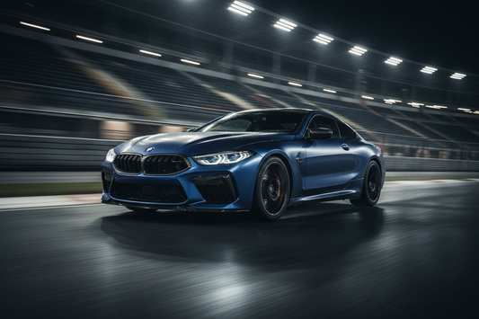 BMW M8 Gran Coupé sur circuit de nuit, lumières de freinage allumées, atmosphère cinématique