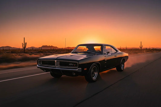 Dodge Charger 1970 noir sur highway américaine au coucher du soleil, muscle car légendaire, tons orange et noir