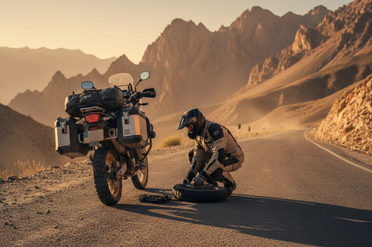 Motard accroupi au bord d'une route de montagne isolée avec un pneu arrière à plat, lumière dorée au coucher du soleil