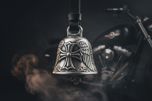 Guardian Bell cloche porte-bonheur pour motard avec croix ailée, symbole de protection spirituelle contre les mauvais esprits de la route
