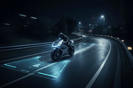 Moto futuriste de nuit avec interface HUD holographique de détection de dangers par intelligence artificielle