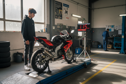 Jeune motard français avec sa moto 50cc sportive sur banc de test céléromètre au contrôle technique 2026