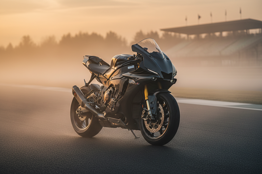 Miniature moto R1M échelle 1:6 vue trois quarts avant droit, carbone et fourches dorées, détails haute fidélité