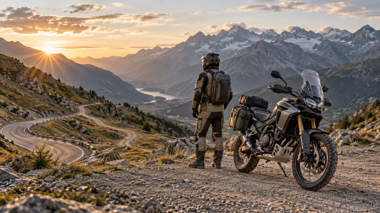 Moto Adventure et motard face à une route alpine au coucher du soleil