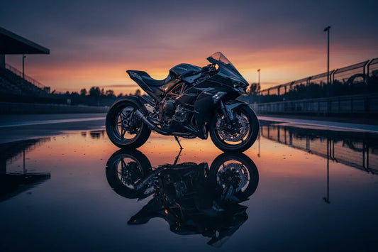 Kawasaki Ninja H2R sur circuit de nuit, éclairée par des projecteurs bleus, carénage carbone — tableau 3D LED moto CRAZYBIKELIFE