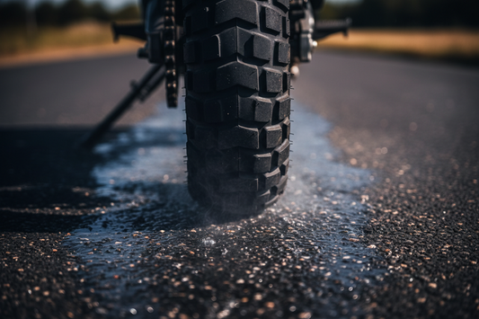 Pneu arrière de moto sur asphalte chaud en plein été, chaleur estivale et texture de bitume en arrière-plan