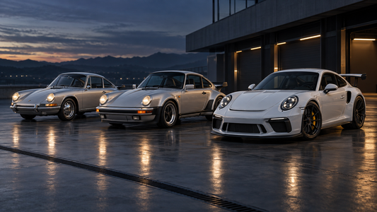 Trois générations de Porsche 911 illustrant l’évolution de leur silhouette iconique
