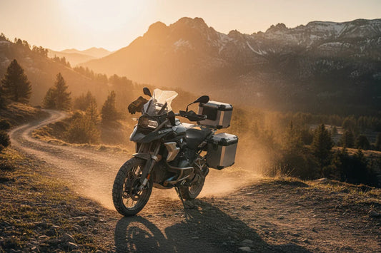 BMW R1250GS Adventure sur piste de montagne au golden hour, lumière ambrée, paysage sauvage — miniature moto collection CRAZYBIKELIFE