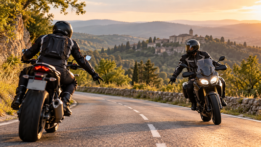 Deux motards se saluent en se croisant sur une route