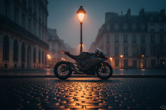 Moto de sport garée dans une rue urbaine la nuit, illustrant les risques de vol pendant l'été 2026