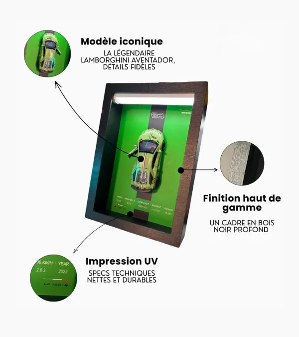 Zoom sur les textures et matériaux du cadre mural LED Lamborghini Aventador  