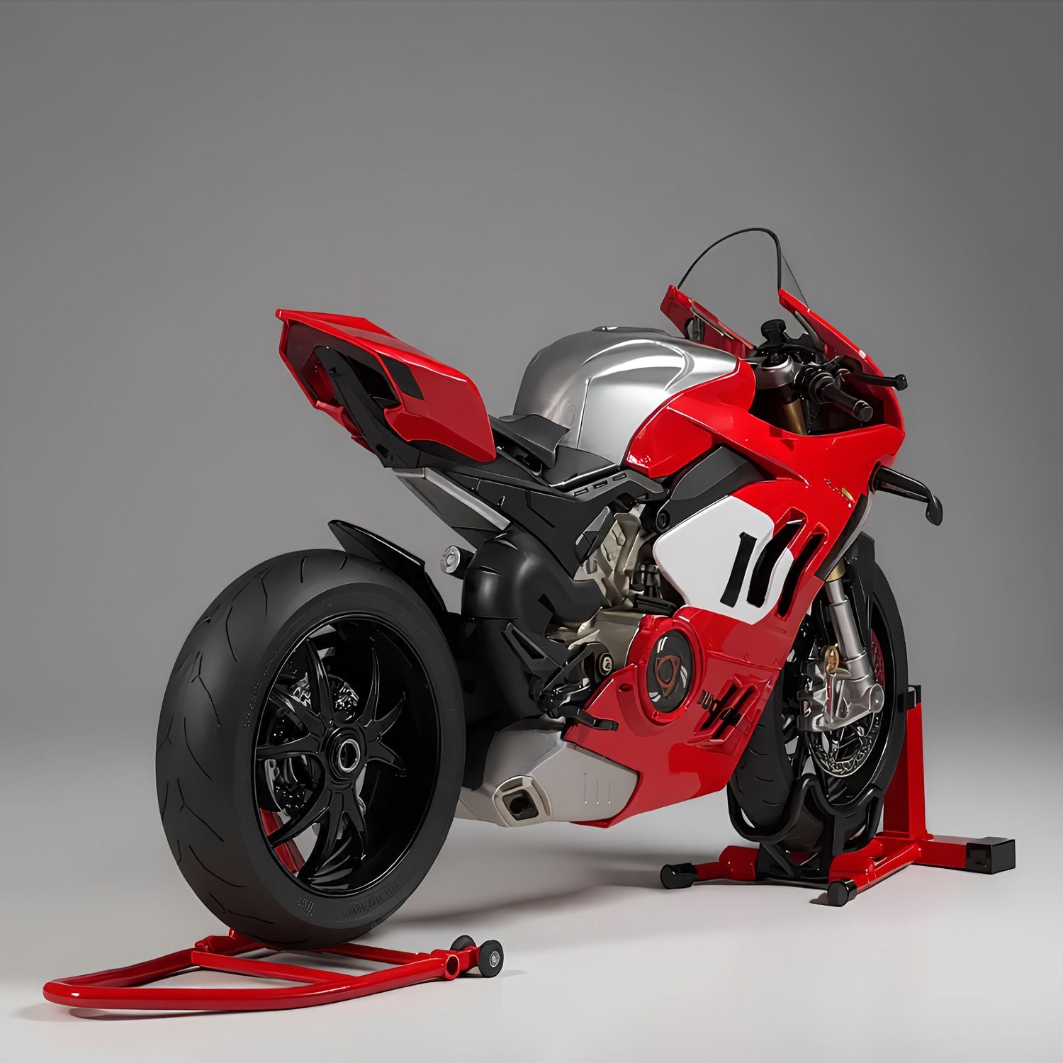 Photo de la moto Ducati V4R miniature montrant les détails de son design sportif sur un fond photoshoot.