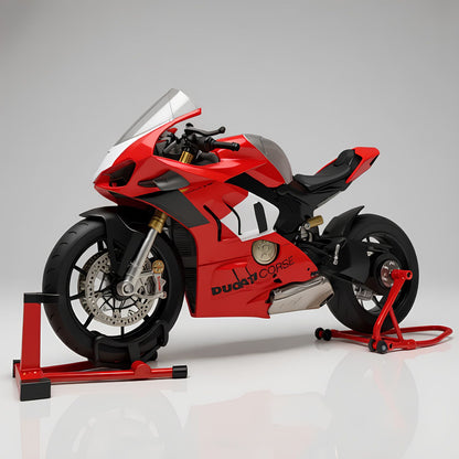 Vue de côté de la moto Ducati V4R mettant en valeur son design sportif et ses fonctions interactives.