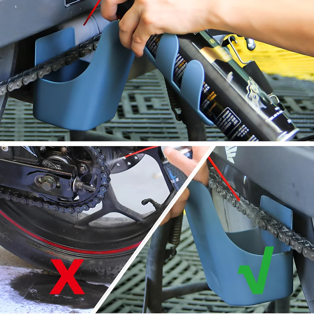 Comparaison avant/après : graissage chaîne moto avec et sans outil anti-projection d'huile