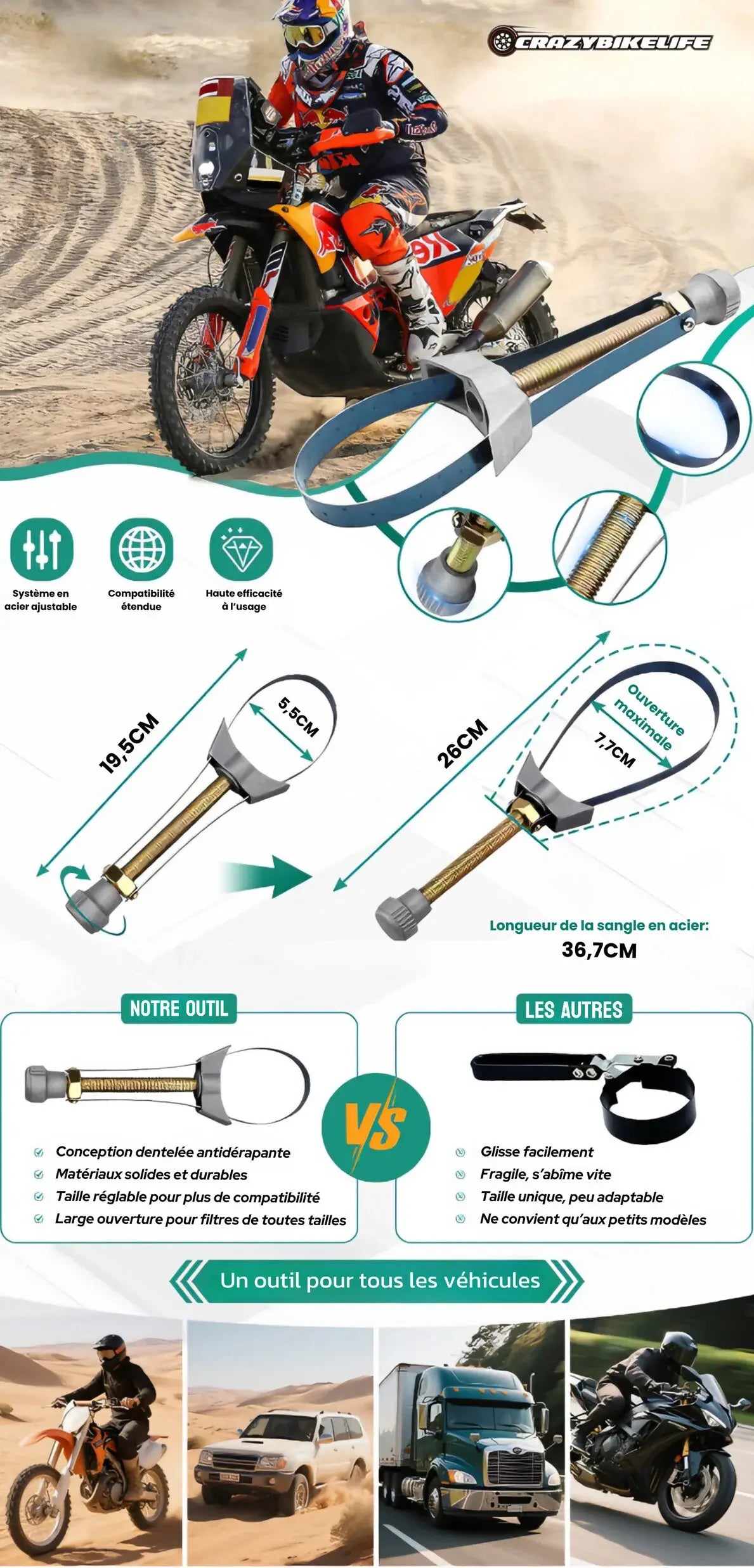 Bannière explicative de la clé à filtre à huile avec ses caractéristiques techniques : acier réglable, compatibilité étendue, haute efficacité