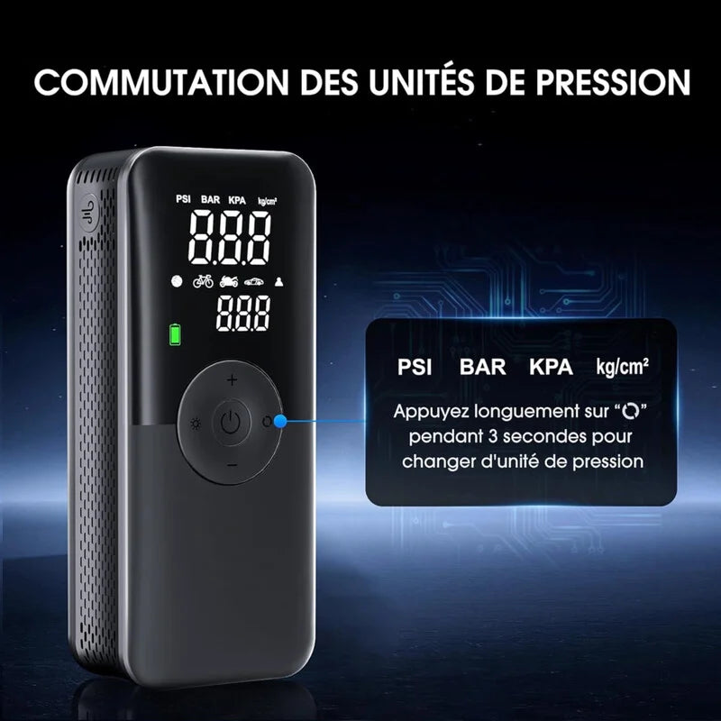 Commutation unités de pression (PSI / BAR / kPa) — maintien 3s pour changer.