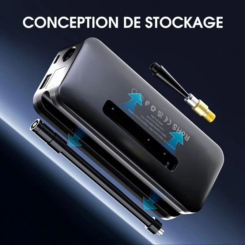 Conception avec rangement intégré pour tuyau et accessoires.