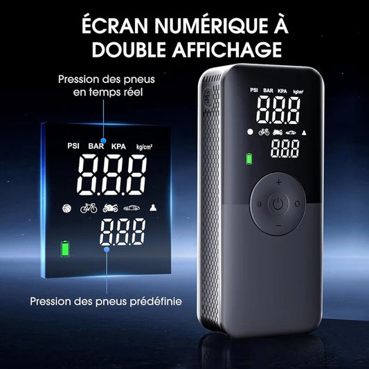 Écran numérique double affichage — pression des pneus en temps réel.