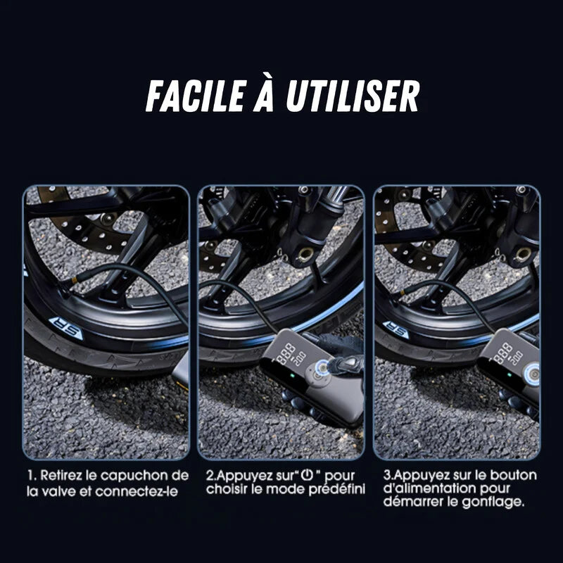 Facile à utiliser en 3 étapes : connecter, choisir le mode, démarrer le gonflage.