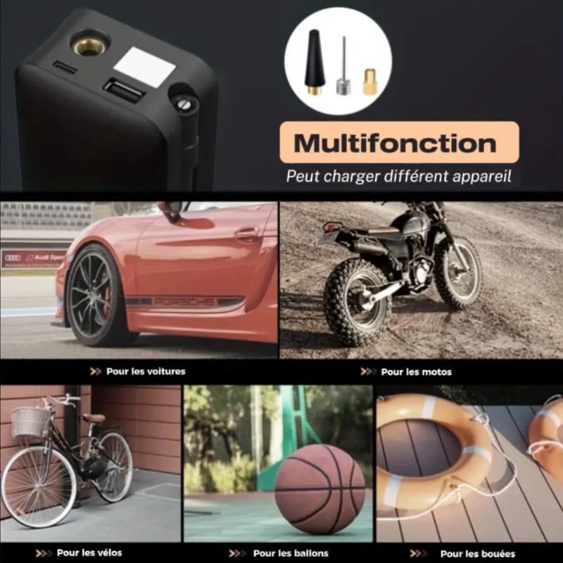 Multifonction — gonfleur et chargeur pour smartphone, GPS et appareils USB.