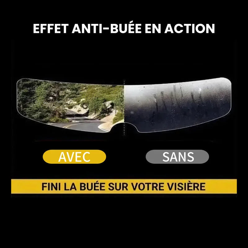 Illustration de la visière avec et sans film anti-buée, sur fond noir avec texte explicatif.