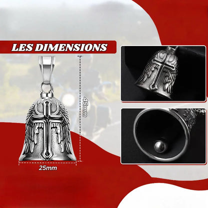 Cloche Guardian Bell pour motard avec croix ailée, symbole de protection et de porte bonheur sur la route.