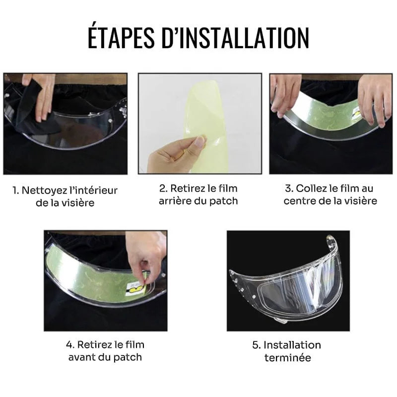 Guide visuel en 5 étapes pour installer un film anti-buée sur une visière de casque.