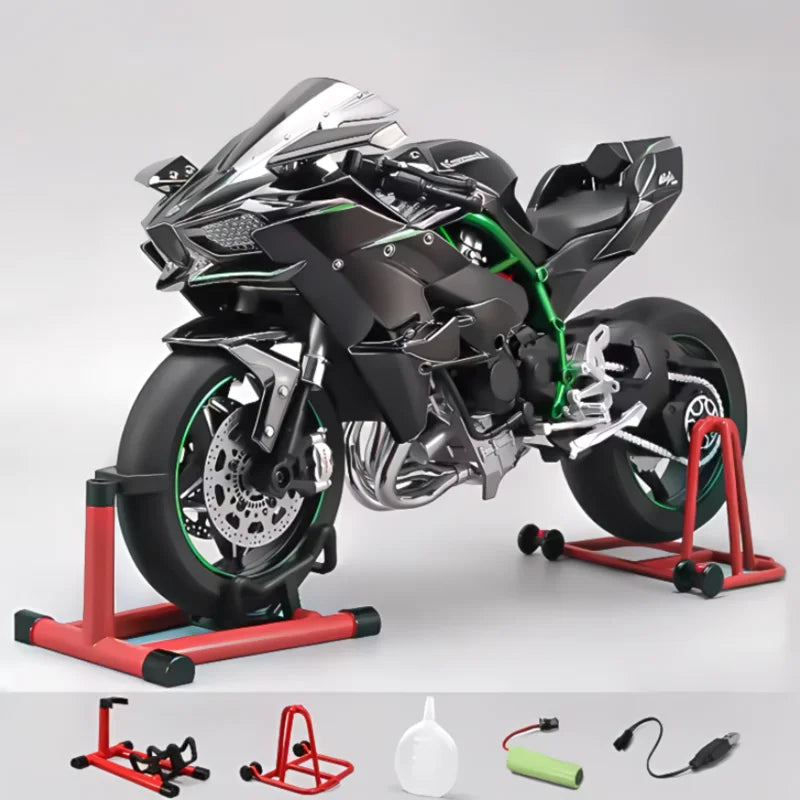 Moto miniature Kawasaki H2R avec ses accessoires inclus.