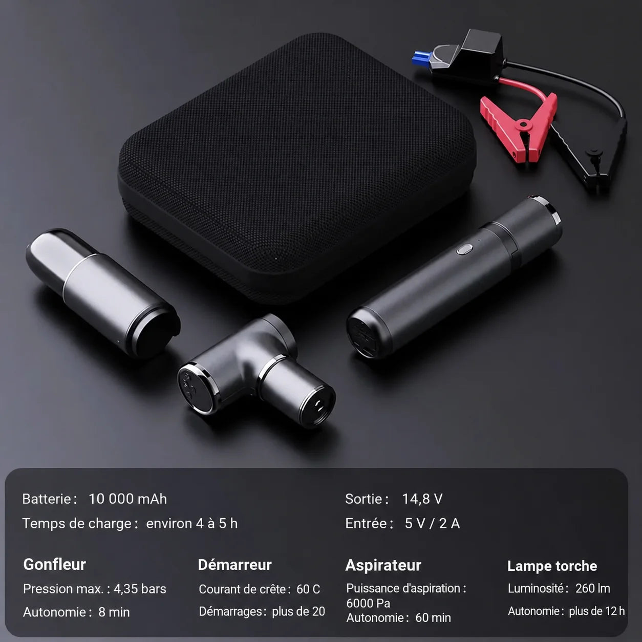 Kit auto 4-en-1 compact portable démarreur gonfleur aspirateur lampe torche