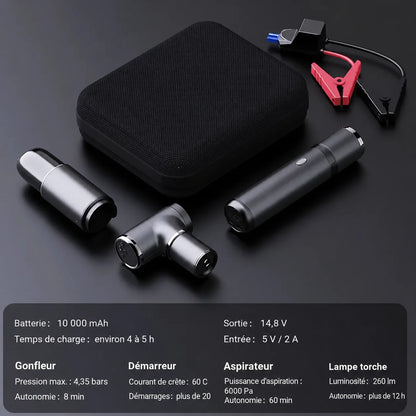 Kit auto 4-en-1 compact portable démarreur gonfleur aspirateur lampe torche