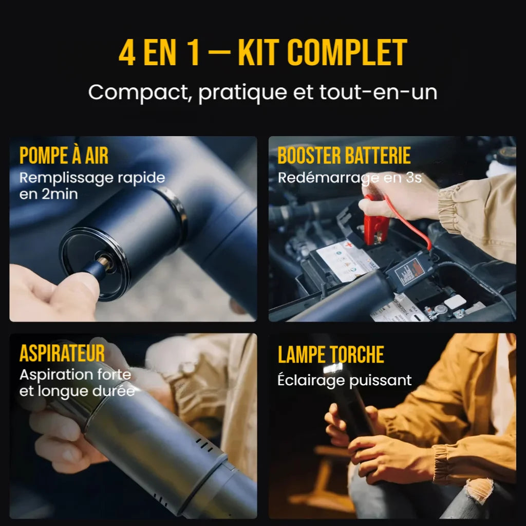Kit complet 4-en-1 voiture boosteur batterie gonfleur pneu aspirateur lampe torche