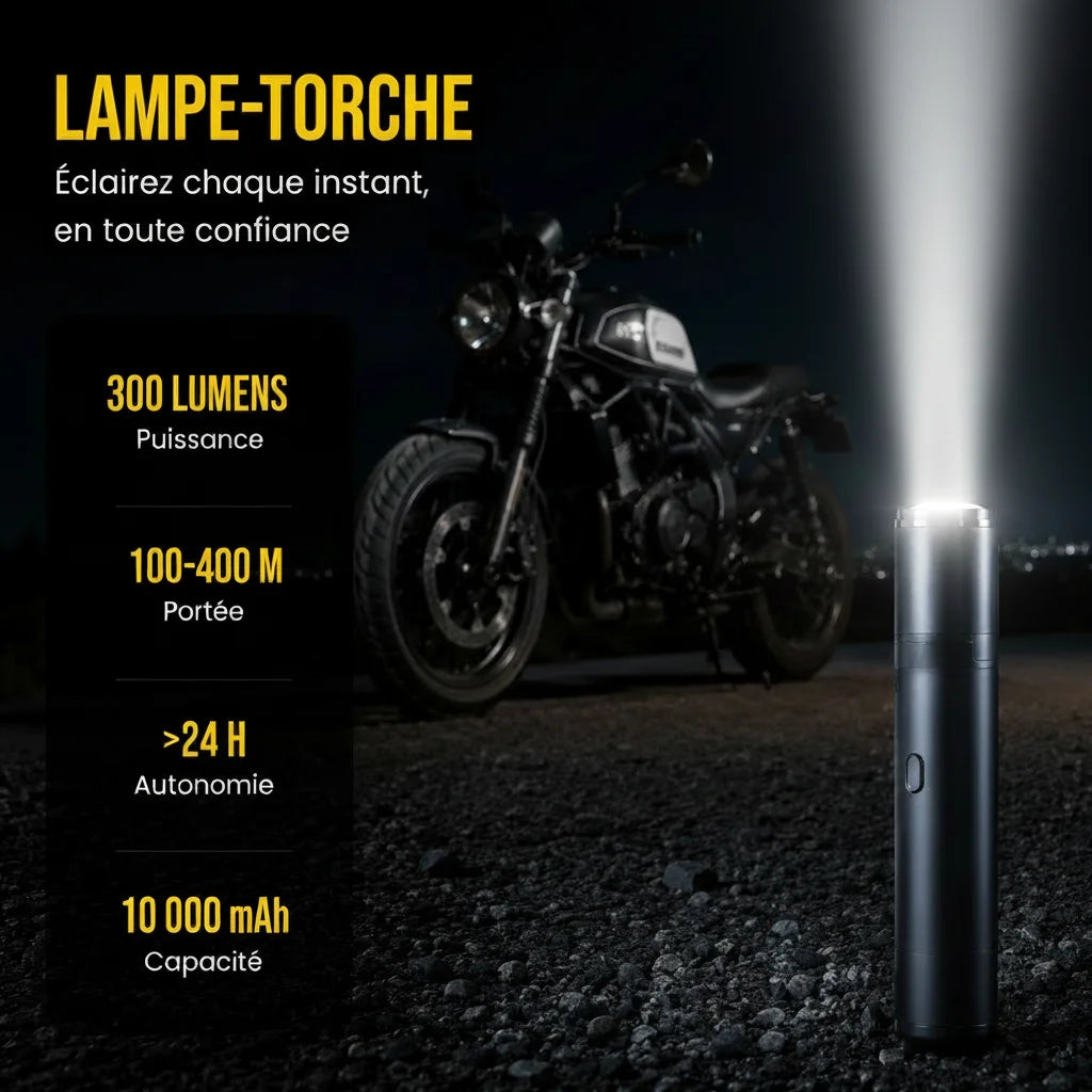Lampe torche 300 lumens 24 heures autonomie moto nuit kit auto 4-en-1