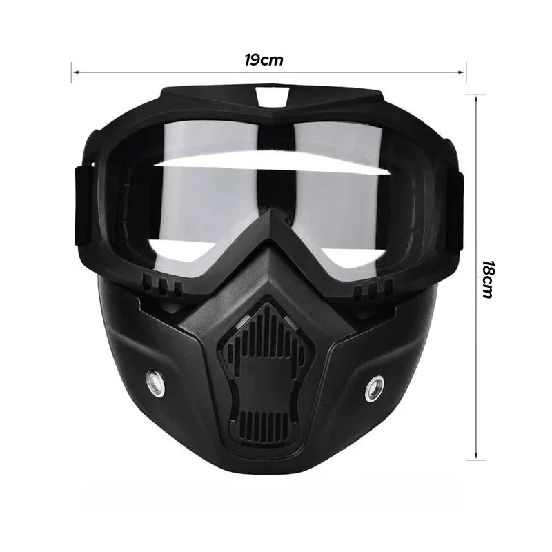 Masque moto affichant ses dimensions complètes