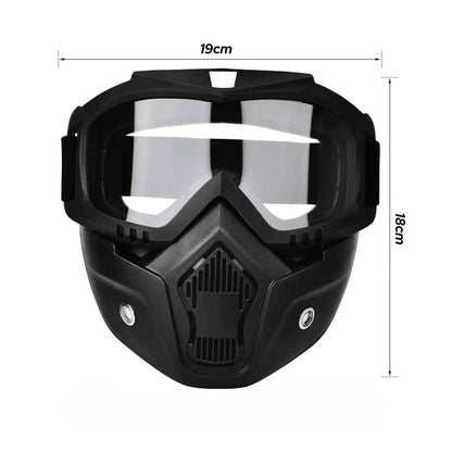 Masque moto affichant ses dimensions complètes