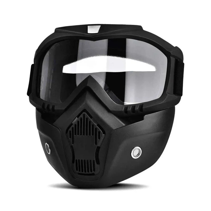 Masque facial pour moto présenté sur fond blanc