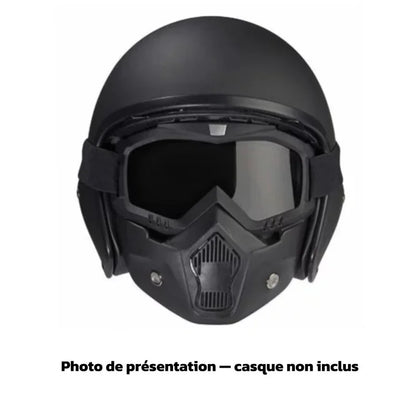 Photo de présentation du masque porté avec un casque moto (non inclus)