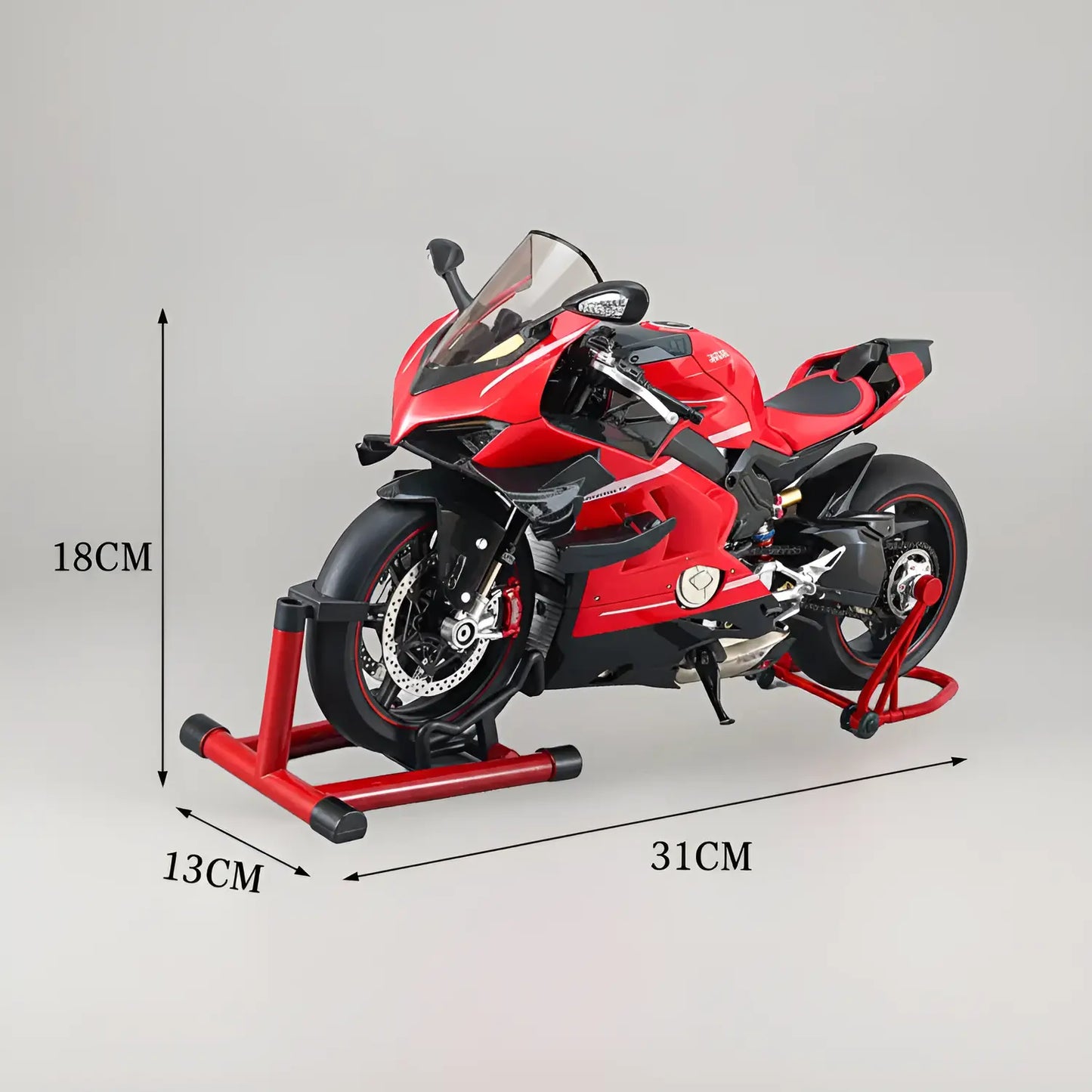 Miniature Ducati Superleggera 1:7 avec dimensions 31cm x 18cm x 13cm - Moto miniature sur béquilles rouges