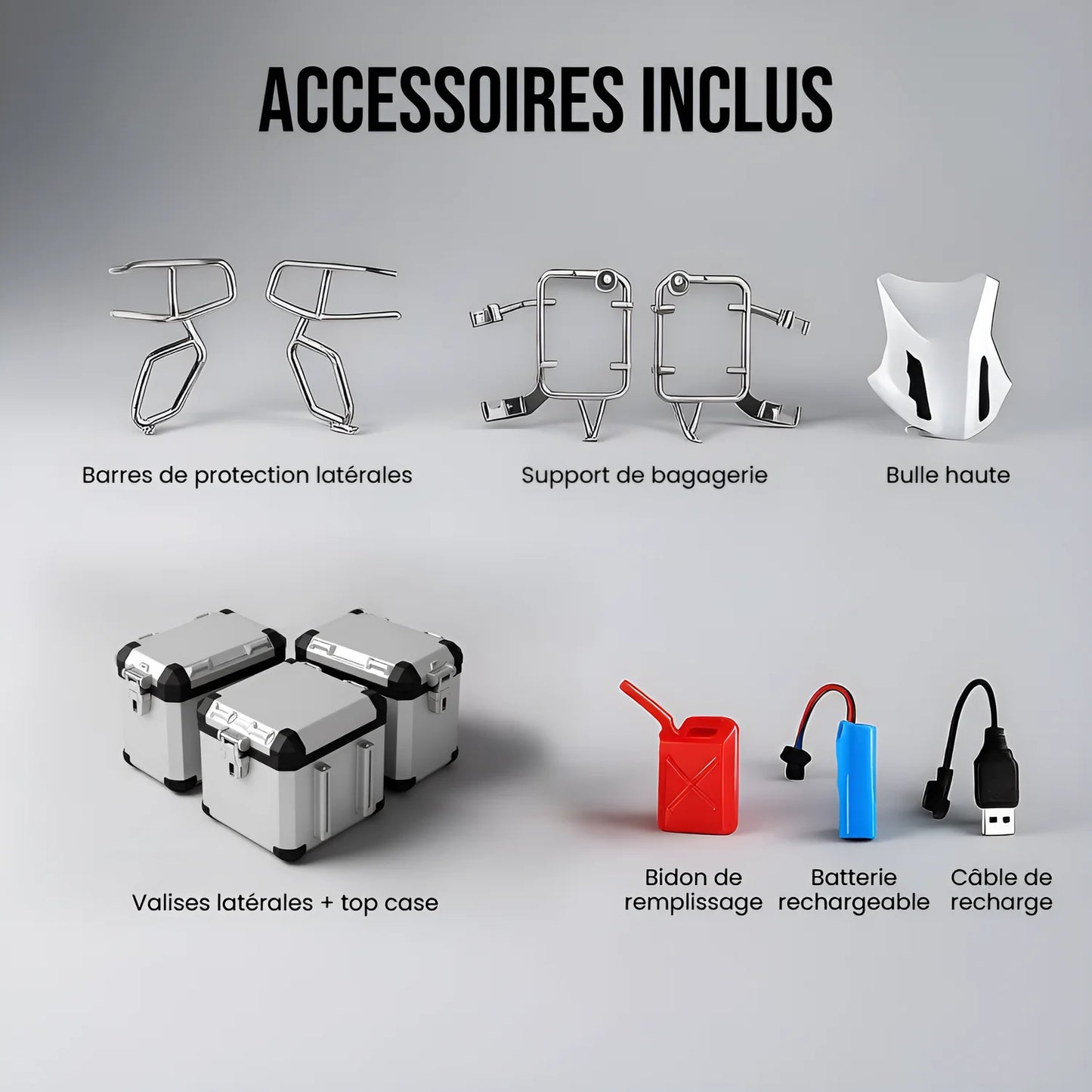 Accessoires inclus miniature moto adventure 1/6 – valises latérales top case barres de protection bulle haute batterie rechargeable bidon câble USB