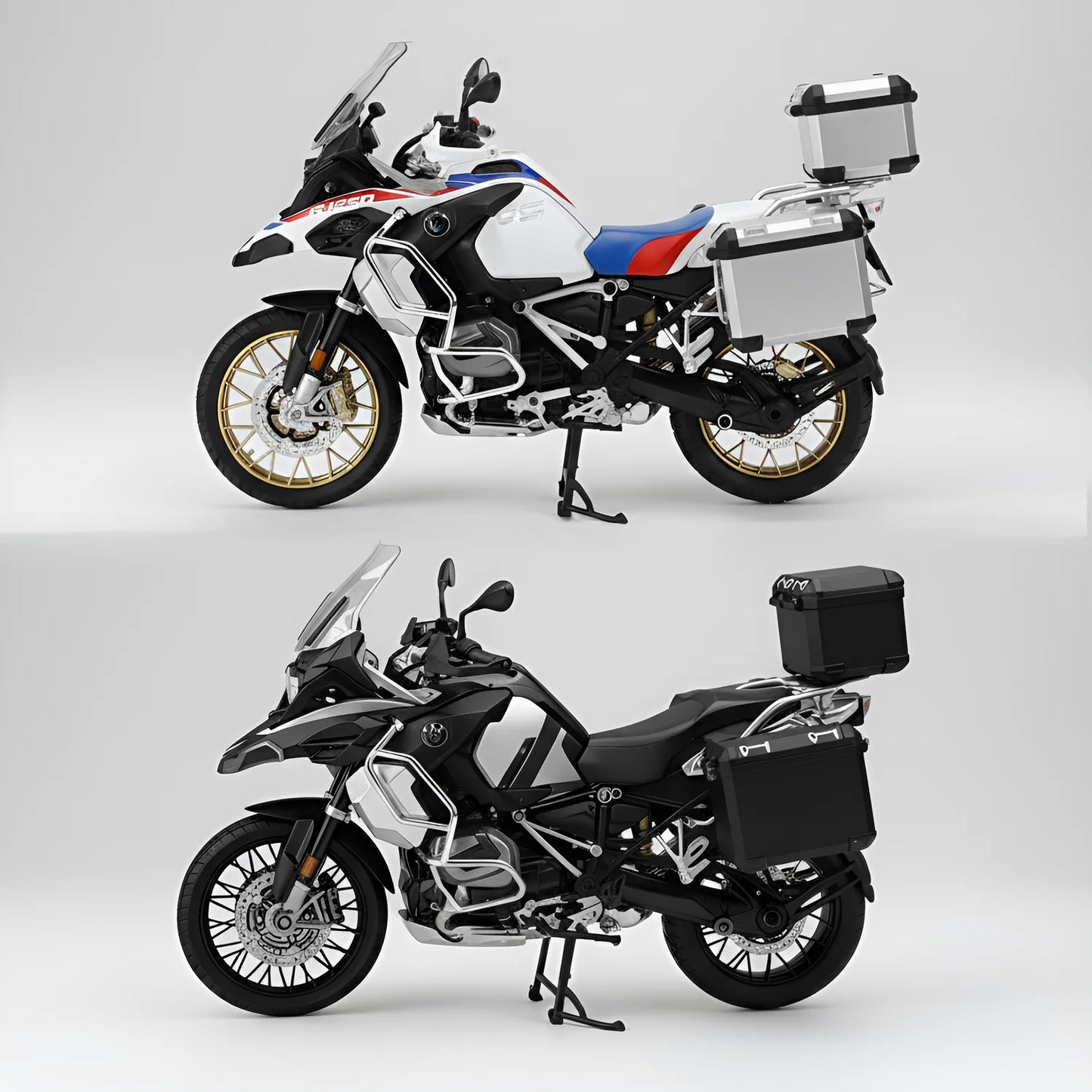 Comparaison miniature moto adventure échelle 1/6 variante blanche tricolore et noire – vue profil – modèle die-cast smoke and sound