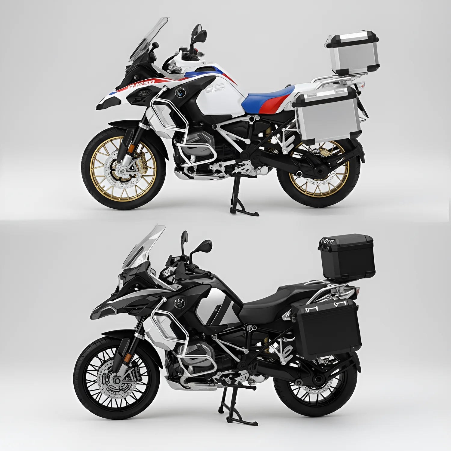 Comparaison miniature moto adventure échelle 1/6 variante blanche tricolore et noire – vue profil – modèle die-cast smoke and sound
