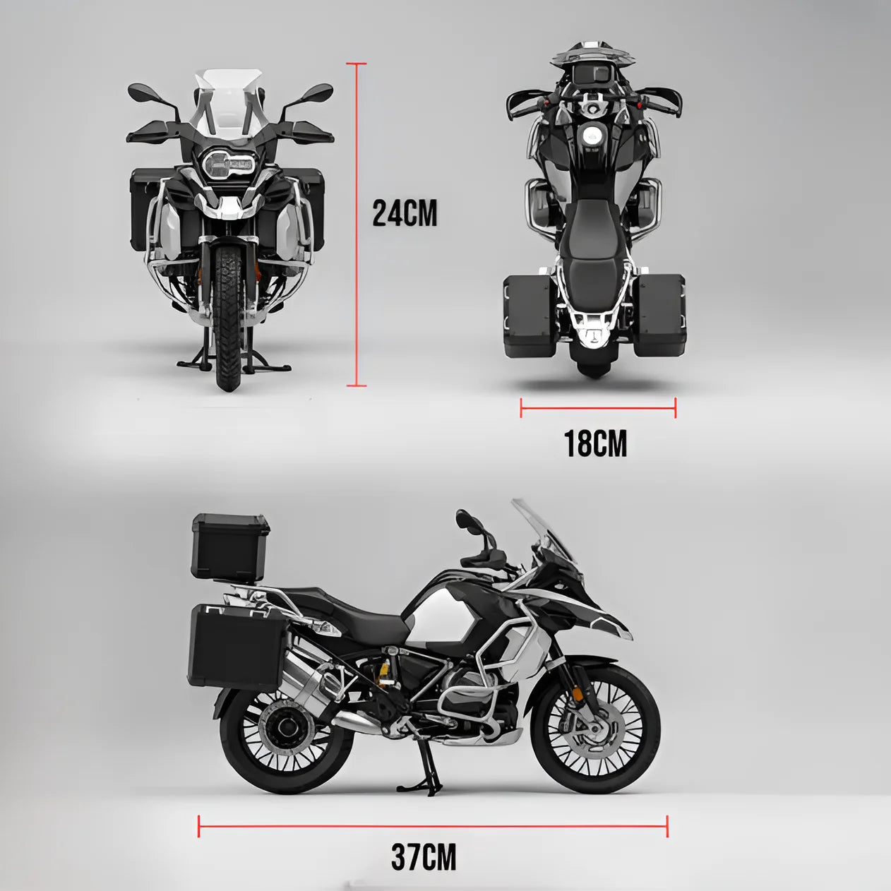 Dimensions miniature moto adventure échelle 1/6 – longueur 37 cm hauteur 24 cm largeur 18 cm – trois vues face dessus profil