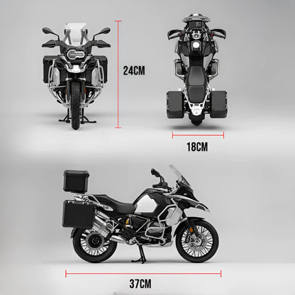 Dimensions miniature moto adventure échelle 1/6 – longueur 37 cm hauteur 24 cm largeur 18 cm – trois vues face dessus profil