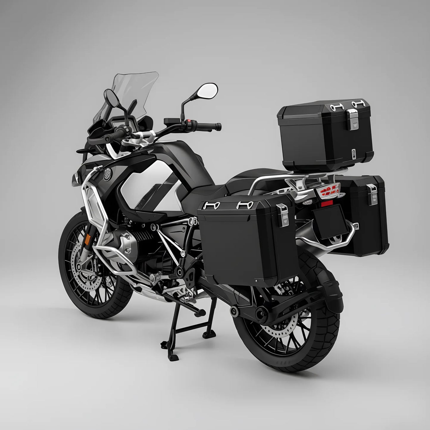 Miniature moto adventure 1/6 noir – vue arrière avec valises latérales et top case aluminium – modèle die-cast détaillé smoke and sound