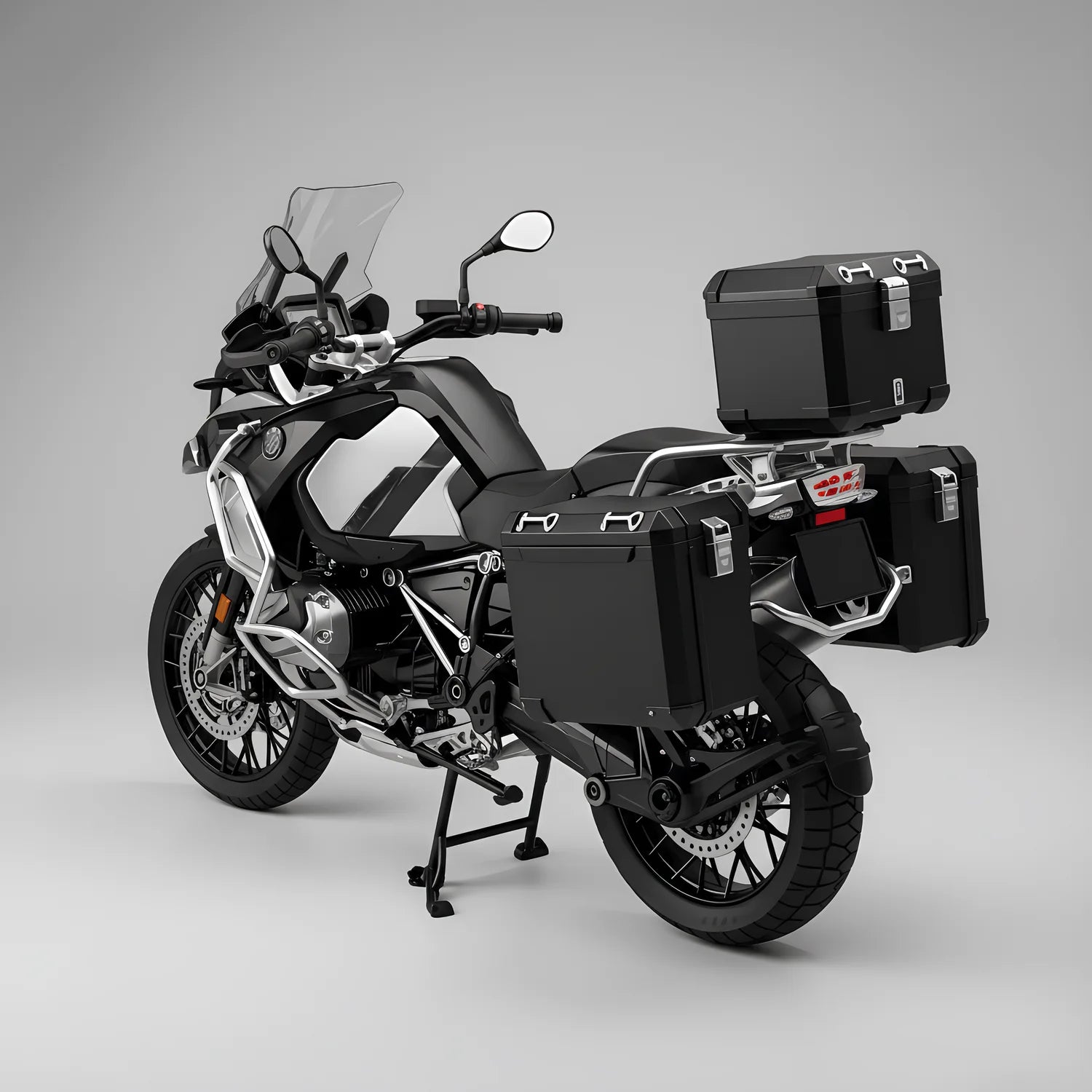 Miniature moto adventure 1/6 noir – vue arrière avec valises latérales et top case aluminium – modèle die-cast détaillé smoke and sound