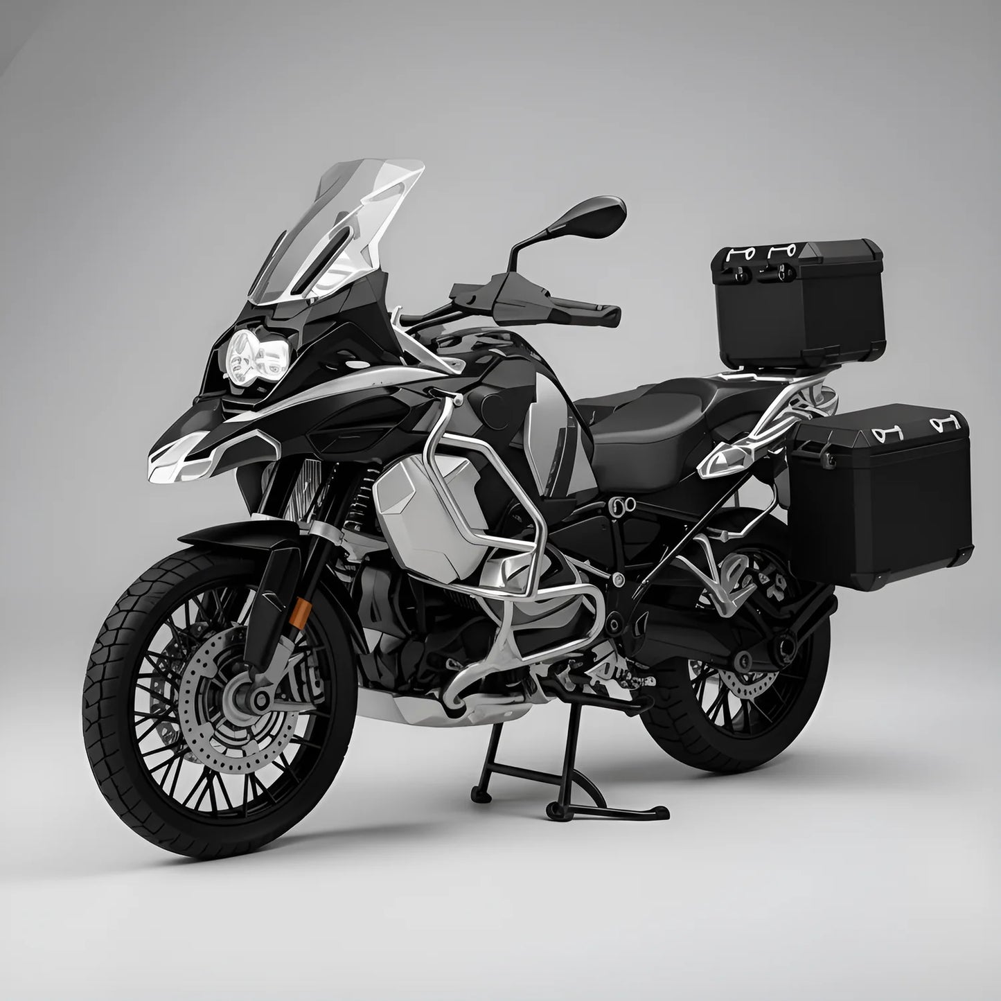 Miniature moto adventure échelle 1/6 version noire avec effet fumée son et lumière – vue avant 3/4 – modèle die-cast smoke and sound