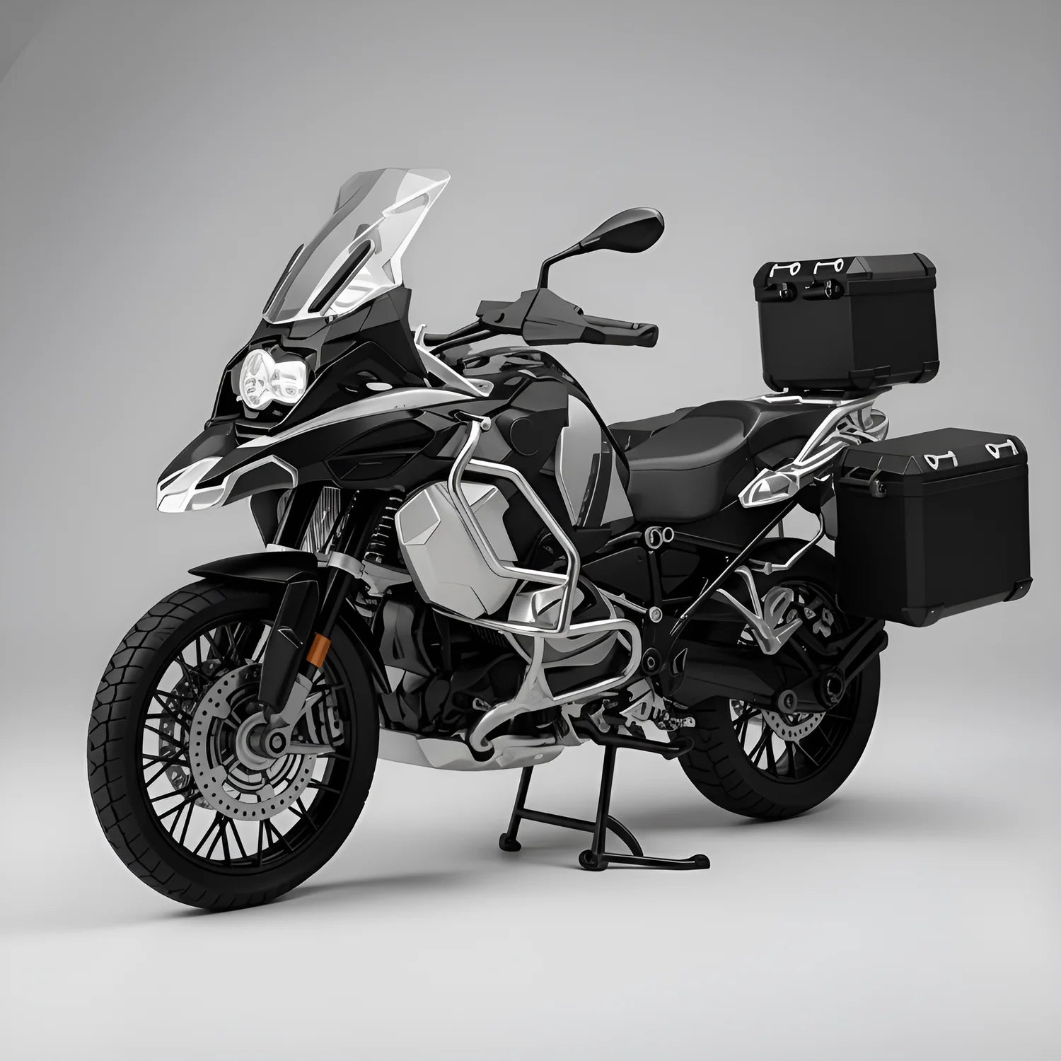 Miniature moto adventure échelle 1/6 version noire avec effet fumée son et lumière – vue avant 3/4 – modèle die-cast smoke and sound