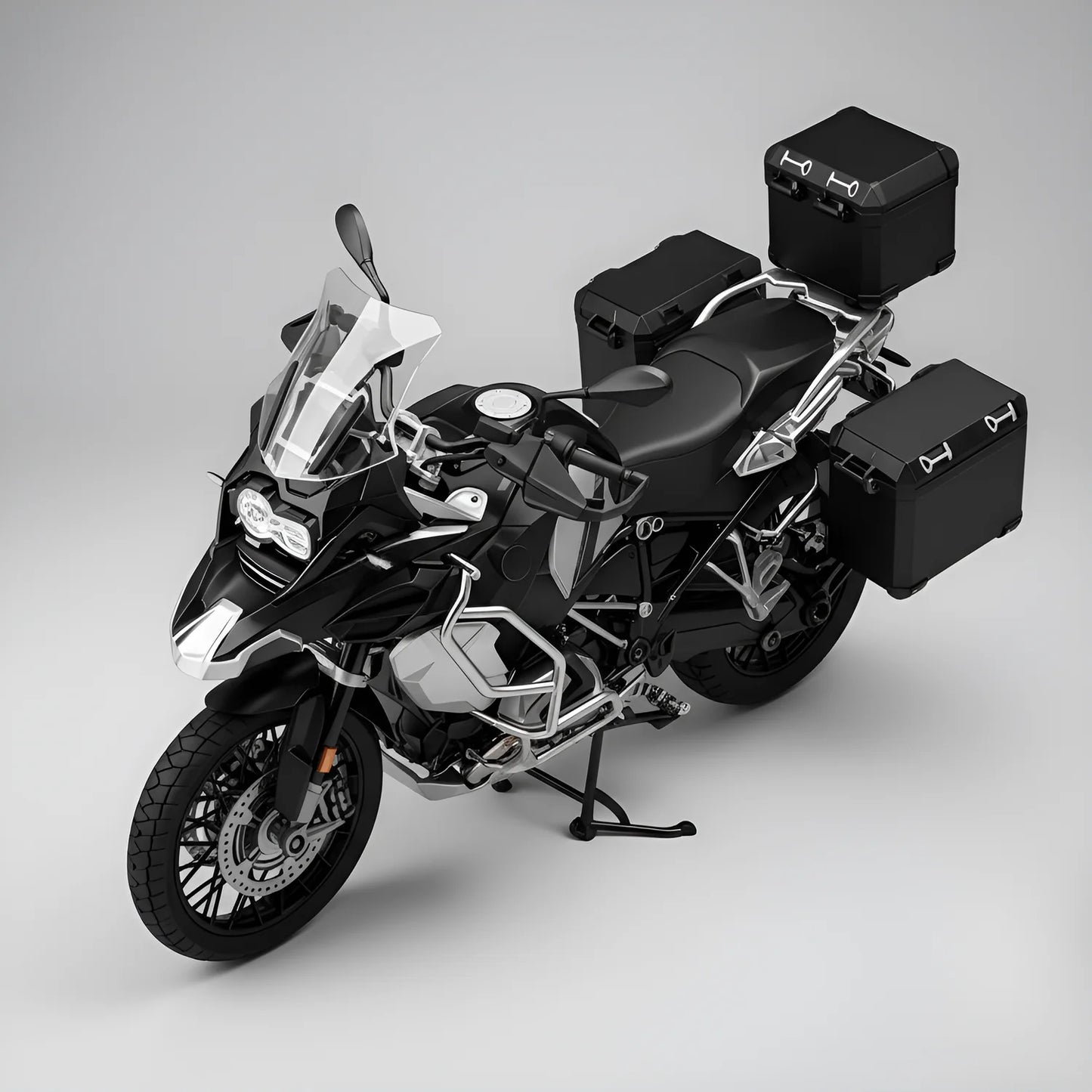 Miniature moto adventure échelle 1/6 noir – vue haute 3/4 avec top case et valises latérales noires – modèle die-cast smoke and sound